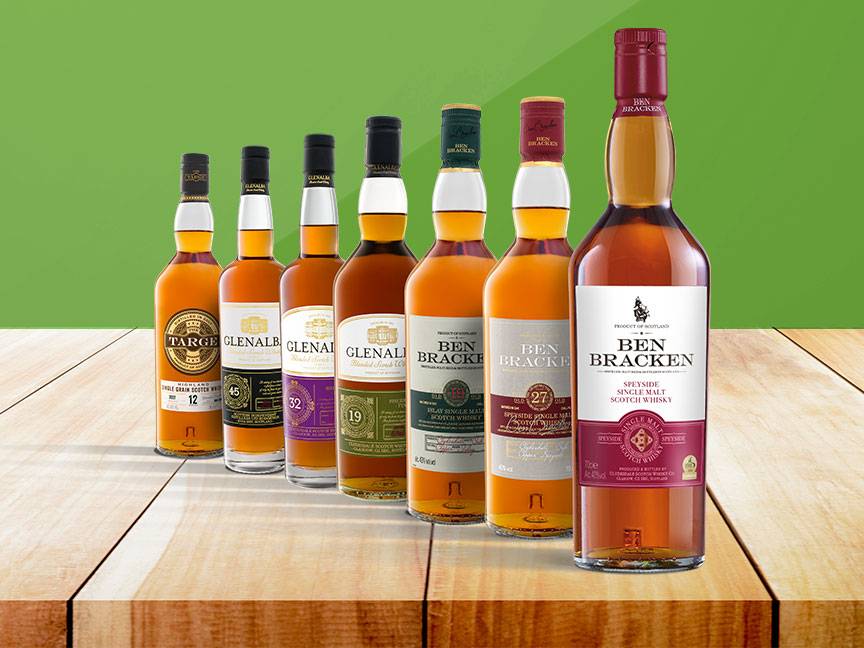 Eine Auswahl an schottischen Whiskys, darunter Ben Bracken und Glenalbyn, auf einem Holztisch.