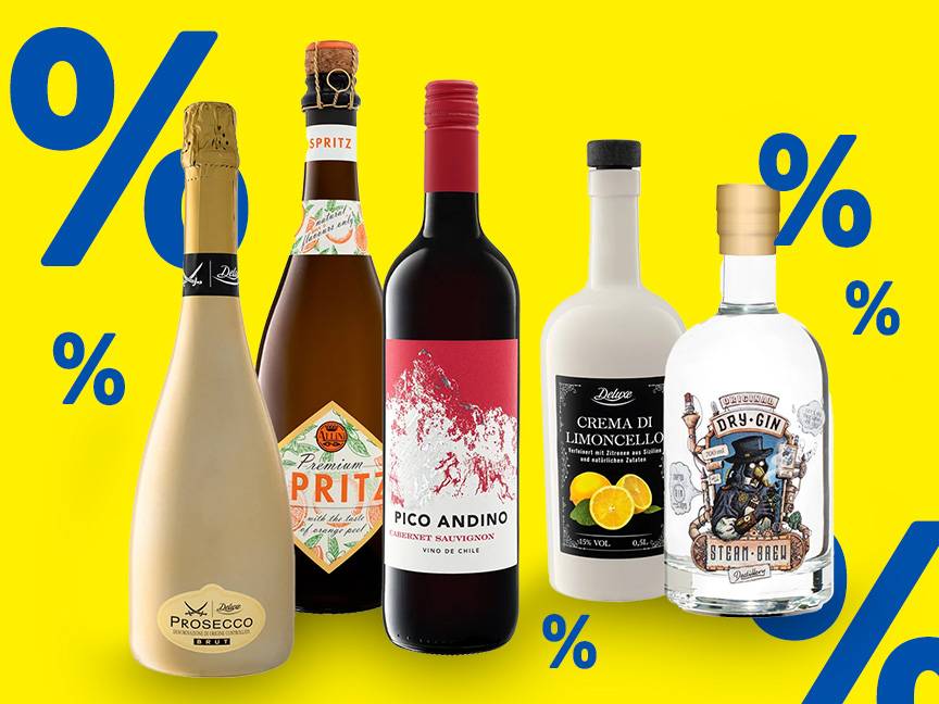 Proseccco, Spritz, Pico Andino Wein, Limoncello und Dry Gin im Angebot mit hohen Prozentrabatten.